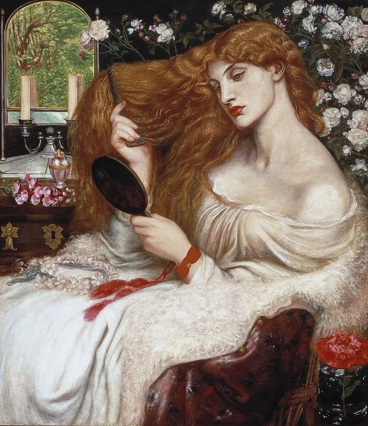 Lady Lilith combing her long red hair, mirror in hand — Dante Gabriel Rossetti, 1868